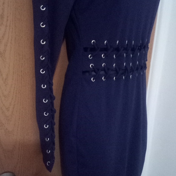 Venus Knit Long Sleeve Cut Out Lace Up Detail Sheath Bodycon Dress Navy Blue - Picture 4 of 7